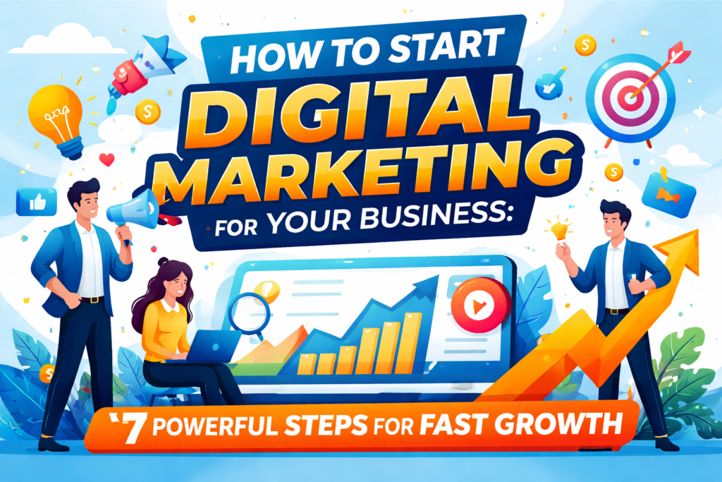 Illustration of how to start digital marketing for your business with analytics dashboard, social media icons, and growth strategy