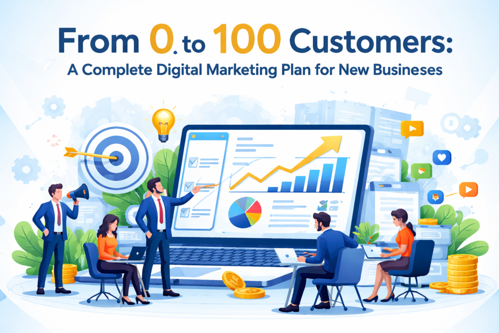 Digital marketing plan for new businesses illustration showing team analyzing data, growth charts, and strategies to achieve first 100 customers.